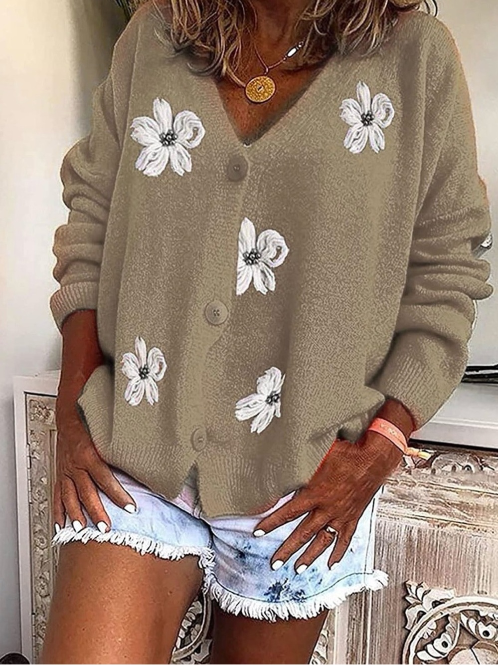 Cozy Floral Embroidered Beaded V-Neck Button Cardigan Sweater - Taupe / Beige (L